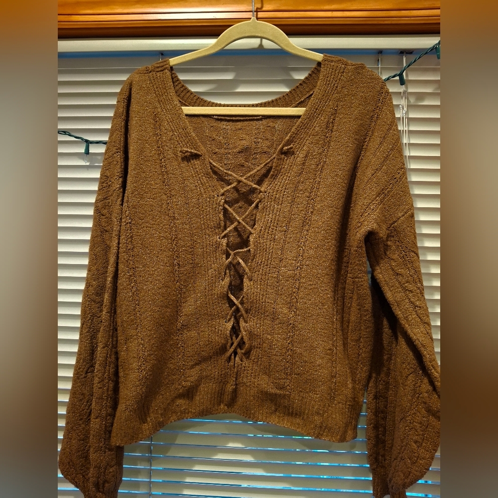 Cozy Brown Sweater with Lace-Up Detail